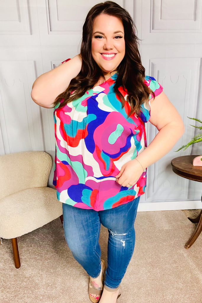 Find Yourself Fuchsia Geo Abstract V Neck Flutter Sleeve Top-Timber Brooke Boutique, Online Women's Fashion Boutique in Amarillo, Texas