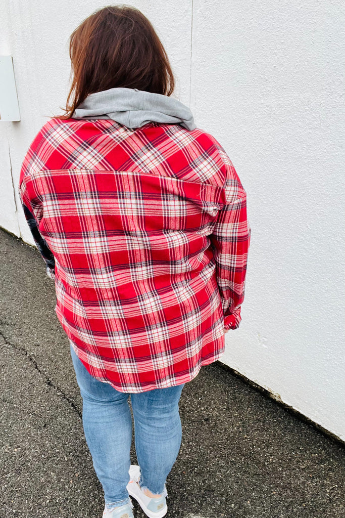 Face the Day Red/Navy Plaid Color Block Hoodie Shacket-Coats & Jackets-Timber Brooke Boutique, Online Women's Fashion Boutique in Amarillo, Texas