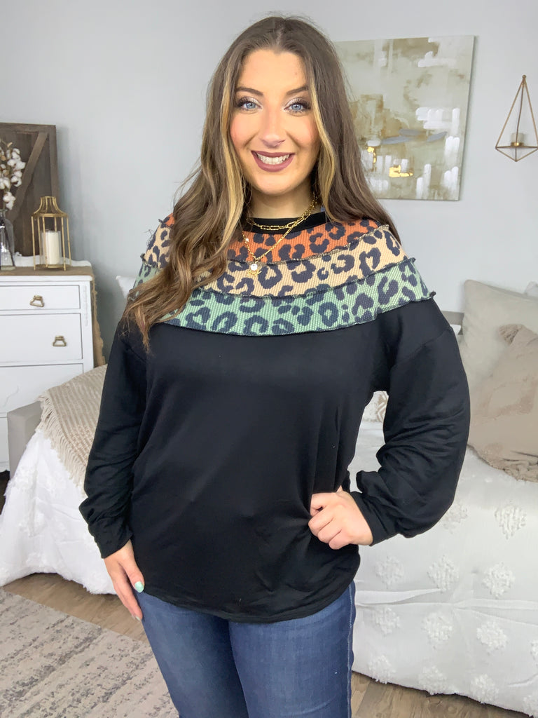 Black Multicolor Leopard Waffle Out Seam Top-Long Sleeve Tops-Timber Brooke Boutique, Online Women's Fashion Boutique in Amarillo, Texas