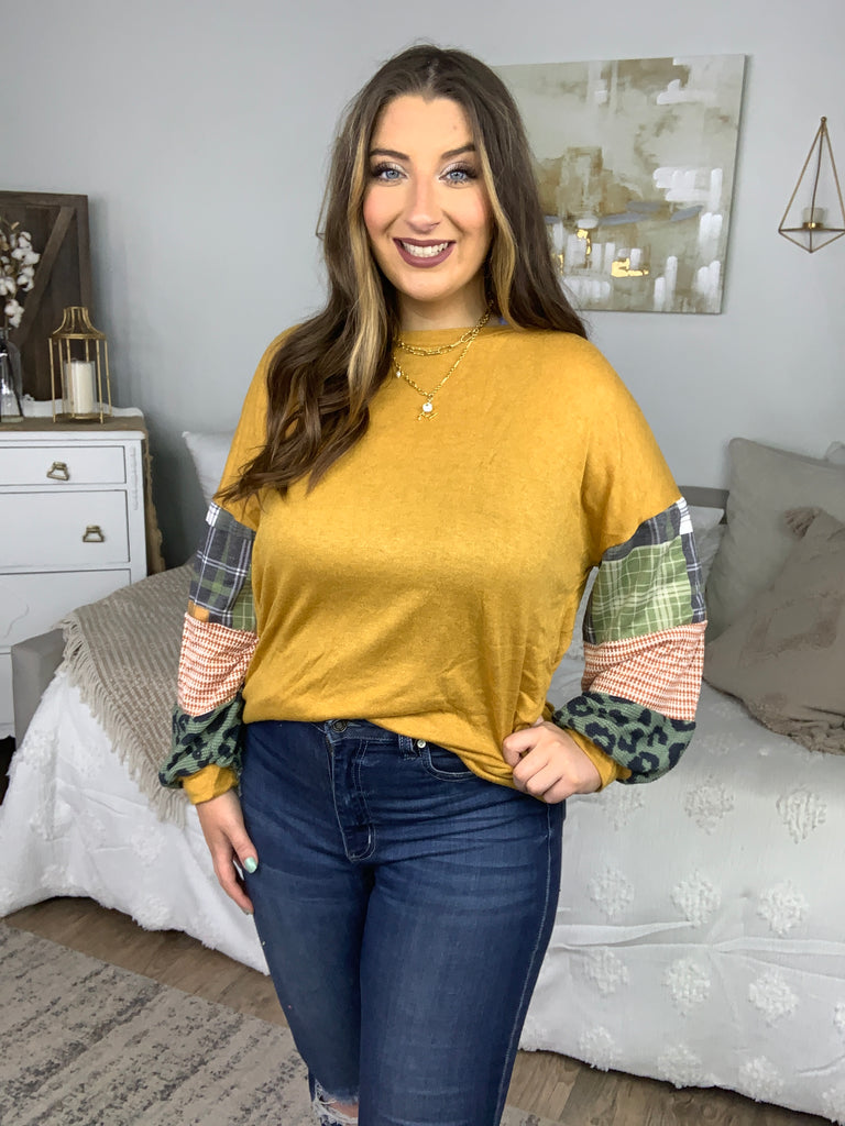 Mustard Hacci Plaid Two Tone Animal Print Top-Long Sleeve Tops-Timber Brooke Boutique, Online Women's Fashion Boutique in Amarillo, Texas
