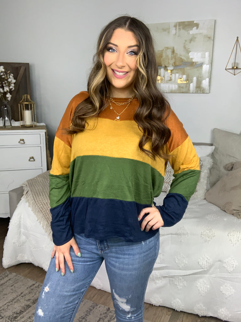 Olive & Mustard Color Block Hacci Top-Long Sleeve Tops-Timber Brooke Boutique, Online Women's Fashion Boutique in Amarillo, Texas