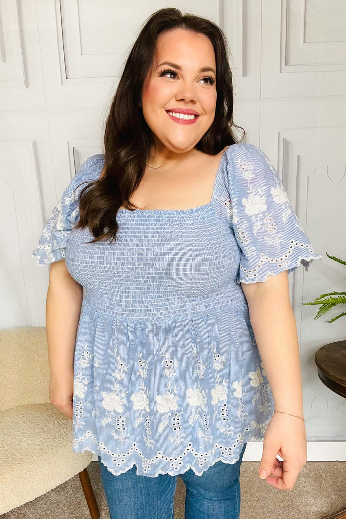 Just A Dream Blue Smocked Floral Embroidered Babydoll Top-Timber Brooke Boutique, Online Women's Fashion Boutique in Amarillo, Texas