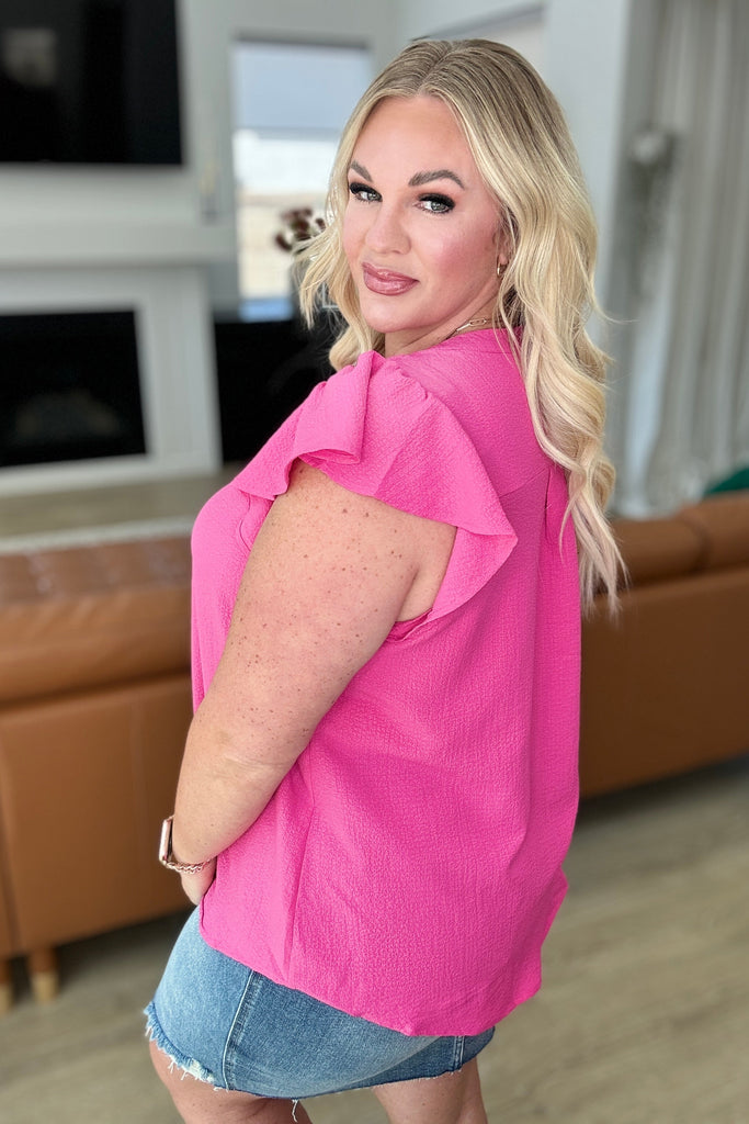Crinkle Split Neckline Flutter Sleeve Top in Hot Pink-Tops-Timber Brooke Boutique, Online Women's Fashion Boutique in Amarillo, Texas