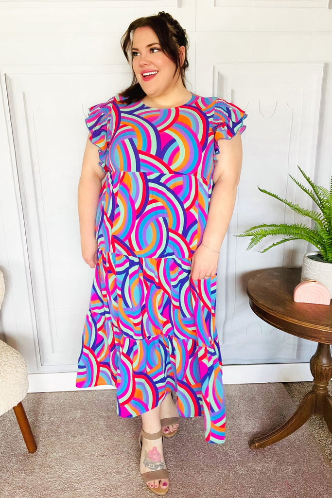 Feel Your Best Purple Abstract Print Smocked Ruffle Sleeve Maxi Dress-Maxi Dresses-Timber Brooke Boutique, Online Women's Fashion Boutique in Amarillo, Texas