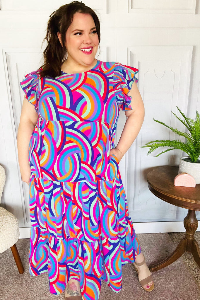 Feel Your Best Purple Abstract Print Smocked Ruffle Sleeve Maxi Dress-Maxi Dresses-Timber Brooke Boutique, Online Women's Fashion Boutique in Amarillo, Texas
