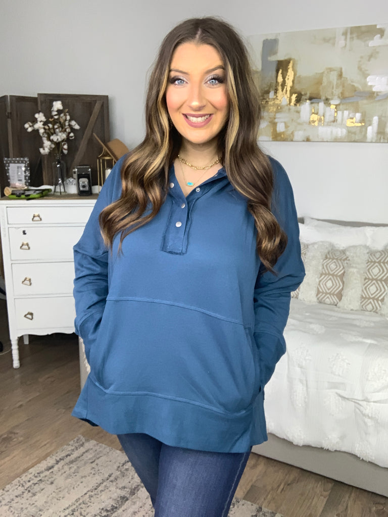 Cozy Up Teal French Terry Snap Button Hoodie-Hoodies-Timber Brooke Boutique, Online Women's Fashion Boutique in Amarillo, Texas