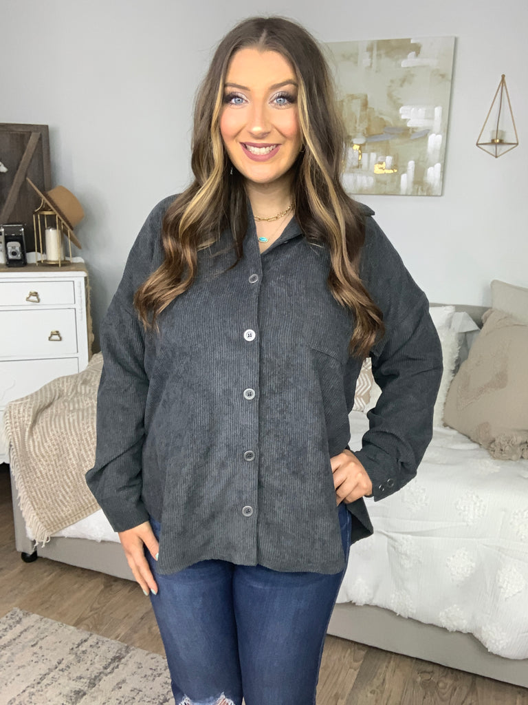 Get To It Ash Grey Corduroy Button Down Shacket-Coats & Jackets-Timber Brooke Boutique, Online Women's Fashion Boutique in Amarillo, Texas