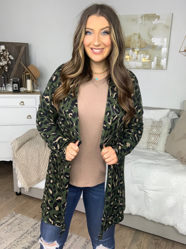 Weekend Envy Olive Animal Print Open Cardigan-Cardigans and Wraps-Timber Brooke Boutique, Online Women's Fashion Boutique in Amarillo, Texas