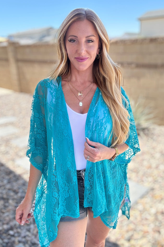 Good Days Ahead Lace Kimono In Teal-Layers-Timber Brooke Boutique, Online Women's Fashion Boutique in Amarillo, Texas