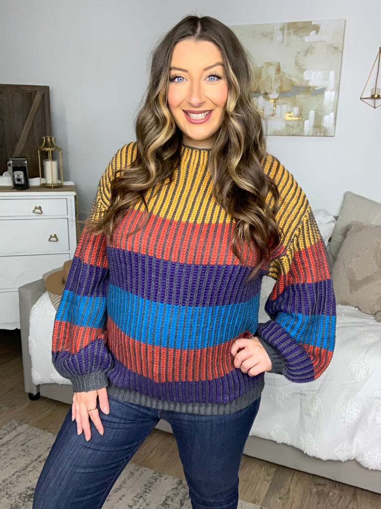 Take All of Me Mustard & Cerulean Stripe Oversized Sweater-Sweaters-Timber Brooke Boutique, Online Women's Fashion Boutique in Amarillo, Texas