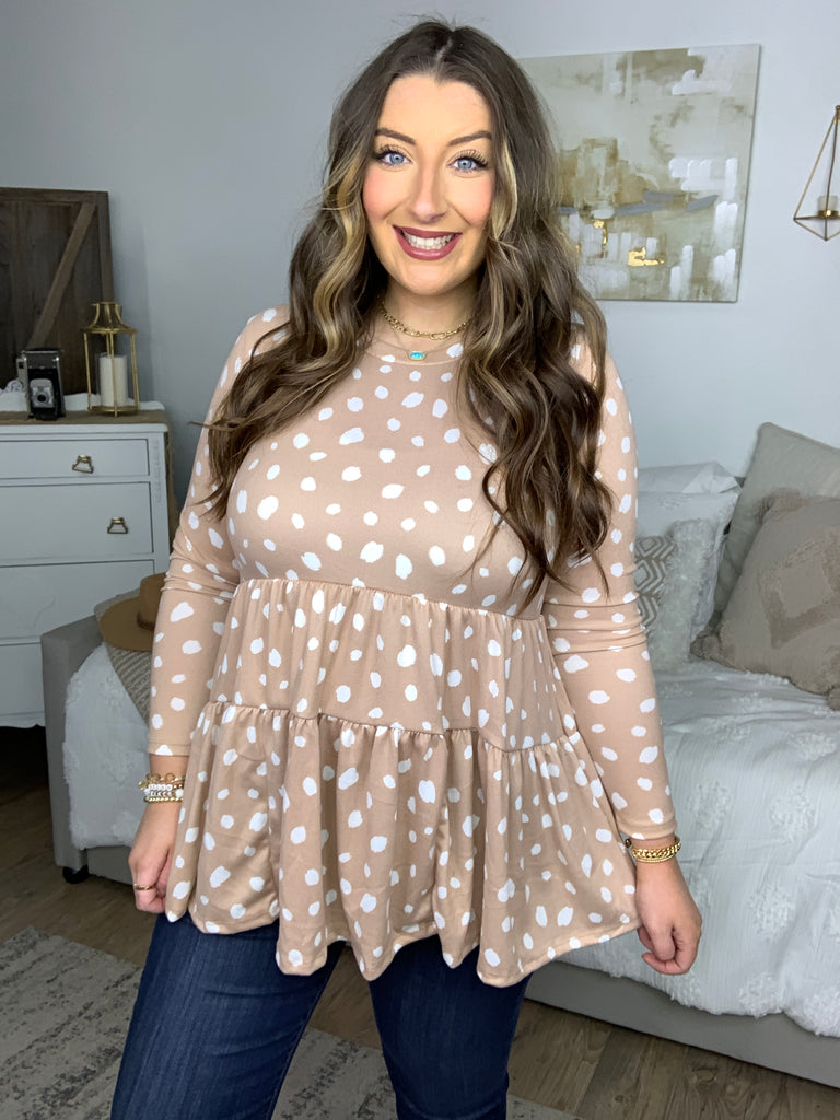 All For You Taupe Abstract Dot Tiered Babydoll Top-Long Sleeve Tops-Timber Brooke Boutique, Online Women's Fashion Boutique in Amarillo, Texas