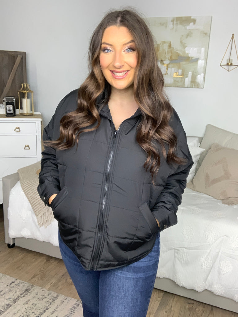 Eyes On You Black Quilted Puffer Jacket-Coats & Jackets-Timber Brooke Boutique, Online Women's Fashion Boutique in Amarillo, Texas