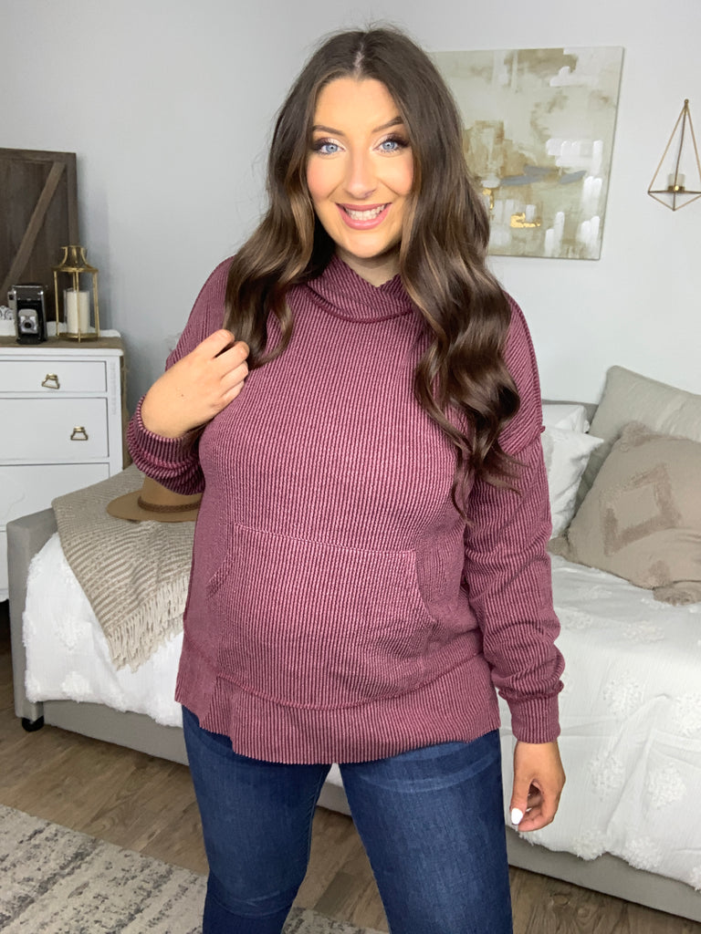 A New Day Burgundy Mineral Wash Rib Knit Hoodie-Hoodies-Timber Brooke Boutique, Online Women's Fashion Boutique in Amarillo, Texas