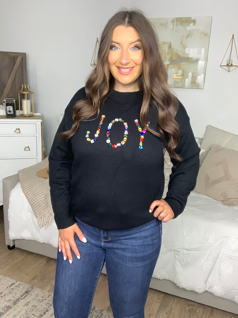 Give Back JOY Jewel Beaded Black Sweater-Sweaters-Timber Brooke Boutique, Online Women's Fashion Boutique in Amarillo, Texas