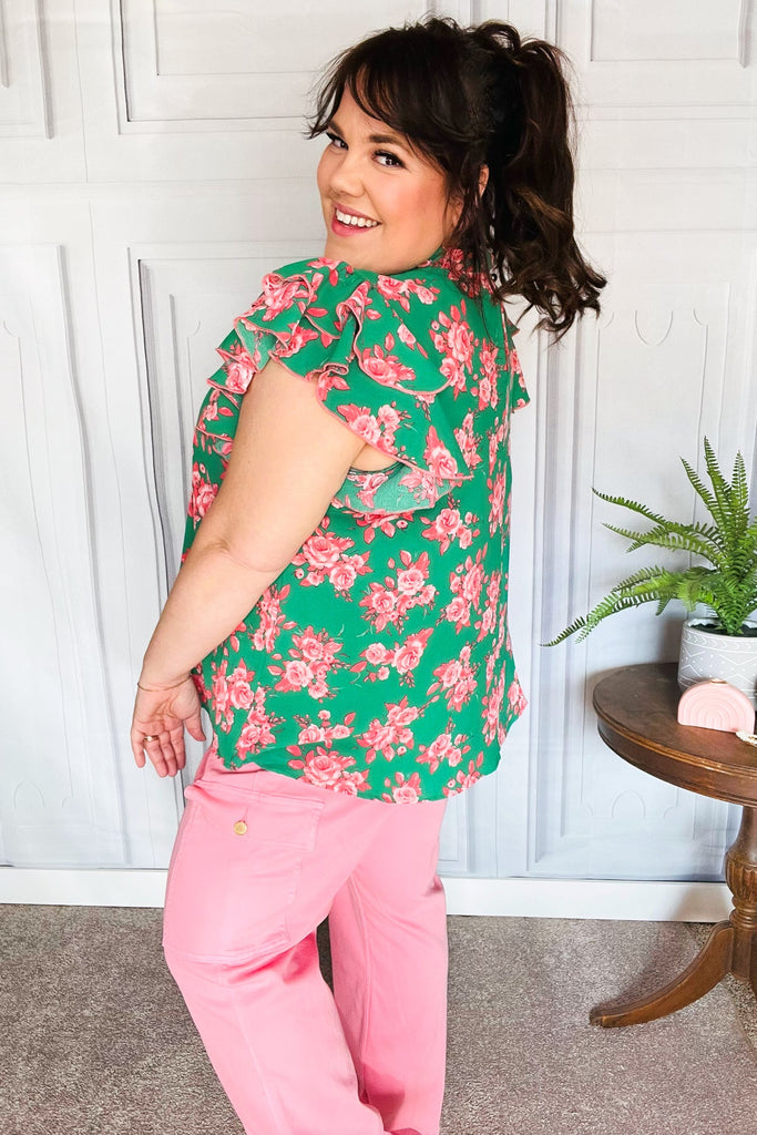Look Of Love Green Floral Print Mock Neck Flutter Sleeve Top-Short Sleeve Top-Timber Brooke Boutique, Online Women's Fashion Boutique in Amarillo, Texas