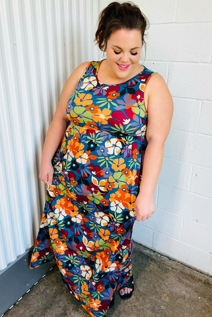 Teal & Maroon Flat Floral Fit and Flare Sleeveless Maxi Dress-Timber Brooke Boutique, Online Women's Fashion Boutique in Amarillo, Texas