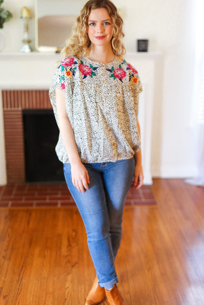 Perfectly Poised Ivory Animal Print Floral Embroidery Button Down Top-Short Sleeve Top-Timber Brooke Boutique, Online Women's Fashion Boutique in Amarillo, Texas