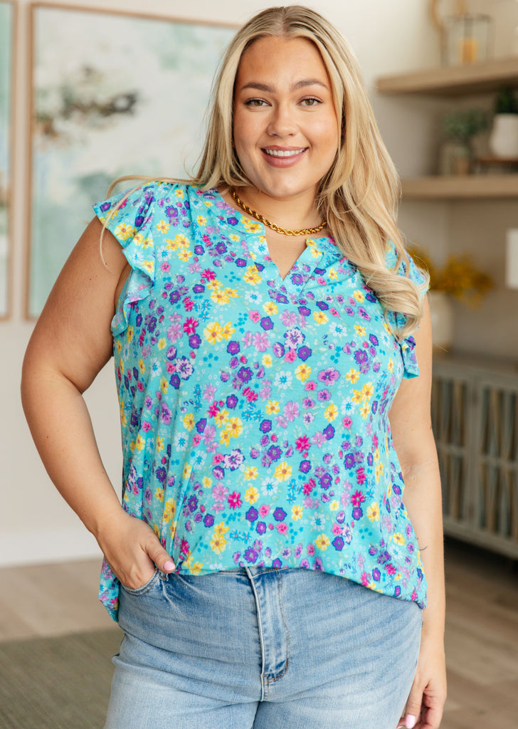 Lizzy Flutter Sleeve Top in Teal and Purple Floral-Tops-Timber Brooke Boutique, Online Women's Fashion Boutique in Amarillo, Texas