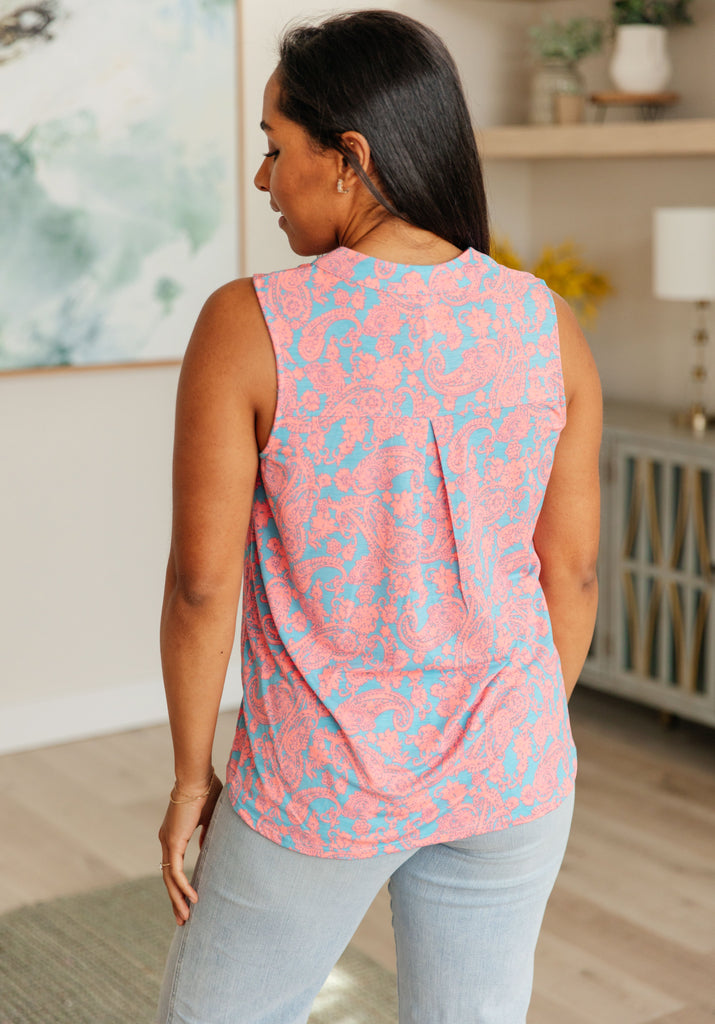 Lizzy Tank Top in Blue and Apricot Paisley-Tops-Timber Brooke Boutique, Online Women's Fashion Boutique in Amarillo, Texas