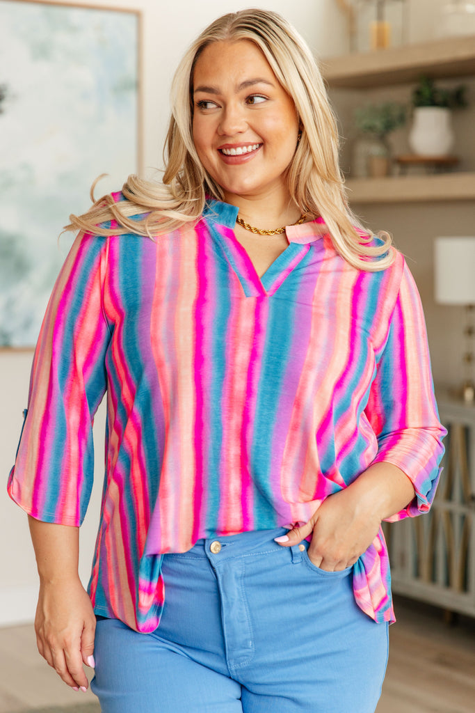 Lizzy Top in Blue and Pink Stripe-Tops-Timber Brooke Boutique, Online Women's Fashion Boutique in Amarillo, Texas