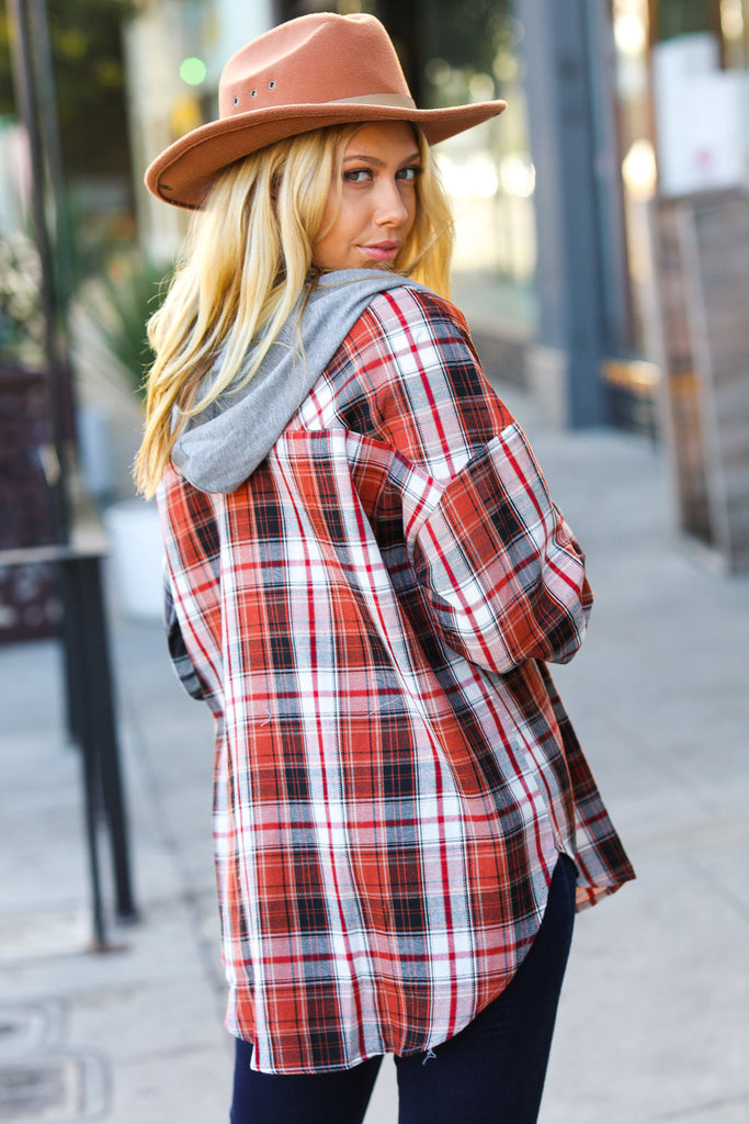 All Put Together Rust/Charcoal Plaid Colorblock Hoodie Shacket-Coats & Jackets-Timber Brooke Boutique, Online Women's Fashion Boutique in Amarillo, Texas