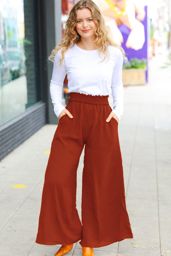 Relaxed Fun Rust Smocked Waist Palazzo Pants-Timber Brooke Boutique, Online Women's Fashion Boutique in Amarillo, Texas