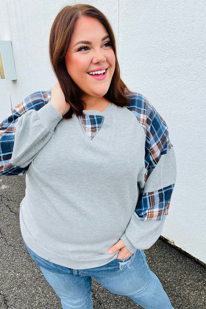 Face The Day Grey/Navy Plaid Thermal Raglan Pullover-Timber Brooke Boutique, Online Women's Fashion Boutique in Amarillo, Texas