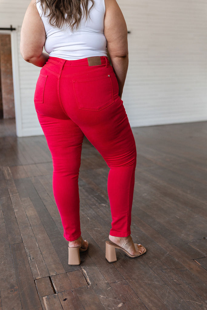 Ruby High Rise Control Top Garment Dyed Skinny Jeans in Red-Womens-Timber Brooke Boutique, Online Women's Fashion Boutique in Amarillo, Texas
