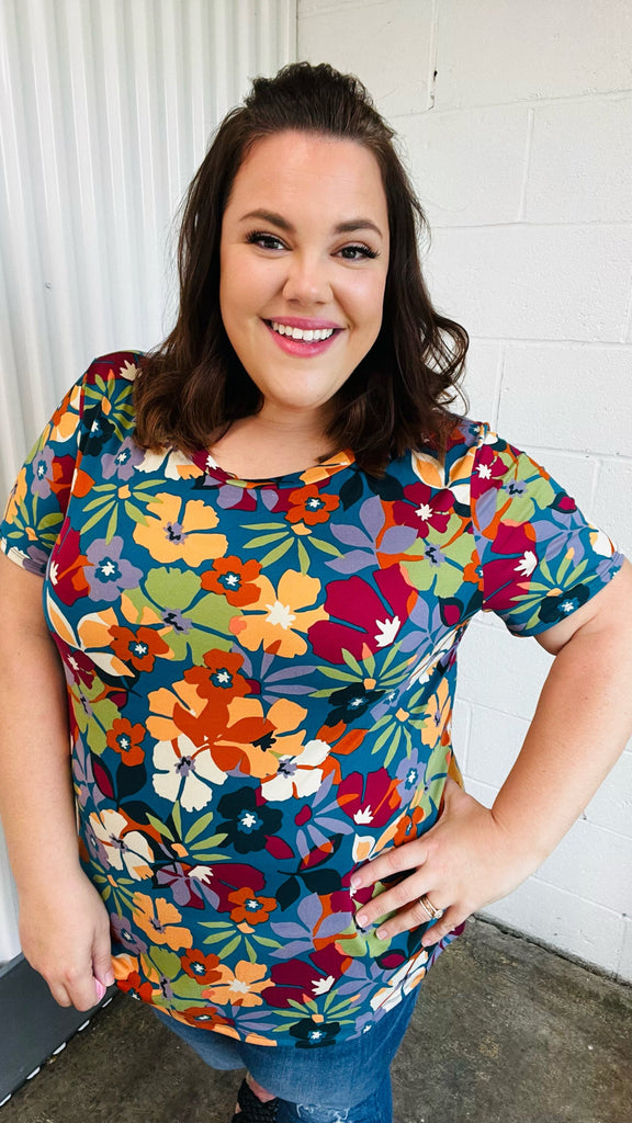 Teal & Maroon Flat Floral Print Top-Timber Brooke Boutique, Online Women's Fashion Boutique in Amarillo, Texas