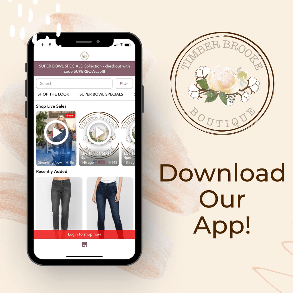 Timber Brooke Boutique showcases their app with a picture of a phone with their online store on the screen - Download the app! | Shop Timber Brooke Boutique, a women's fashion boutique located in Amarillo, TX
