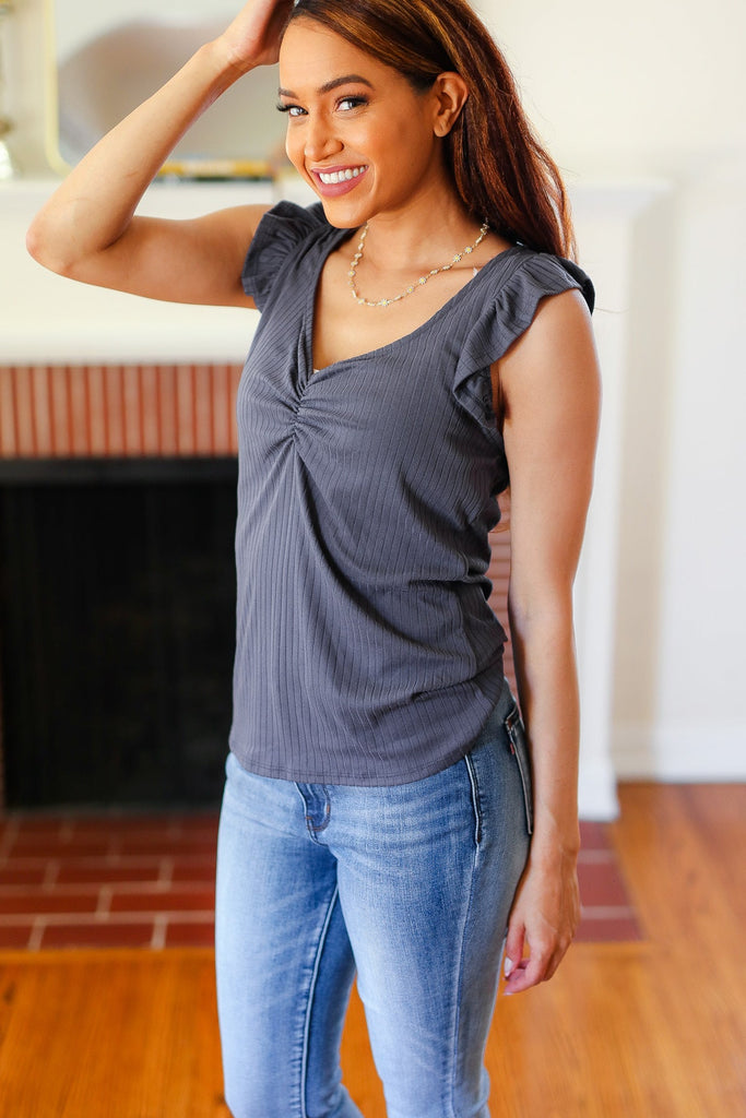Sunny Days Charcoal Sweetheart Neckline Ribbed Top-Timber Brooke Boutique, Online Women's Fashion Boutique in Amarillo, Texas