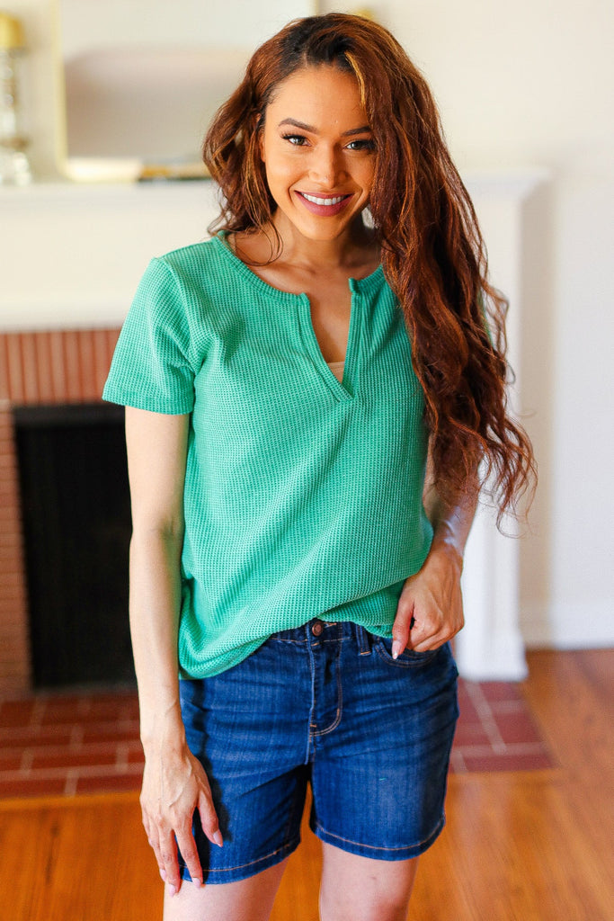 Feel Your Best Green Baby Waffle Henley Neckline Top-Timber Brooke Boutique, Online Women's Fashion Boutique in Amarillo, Texas
