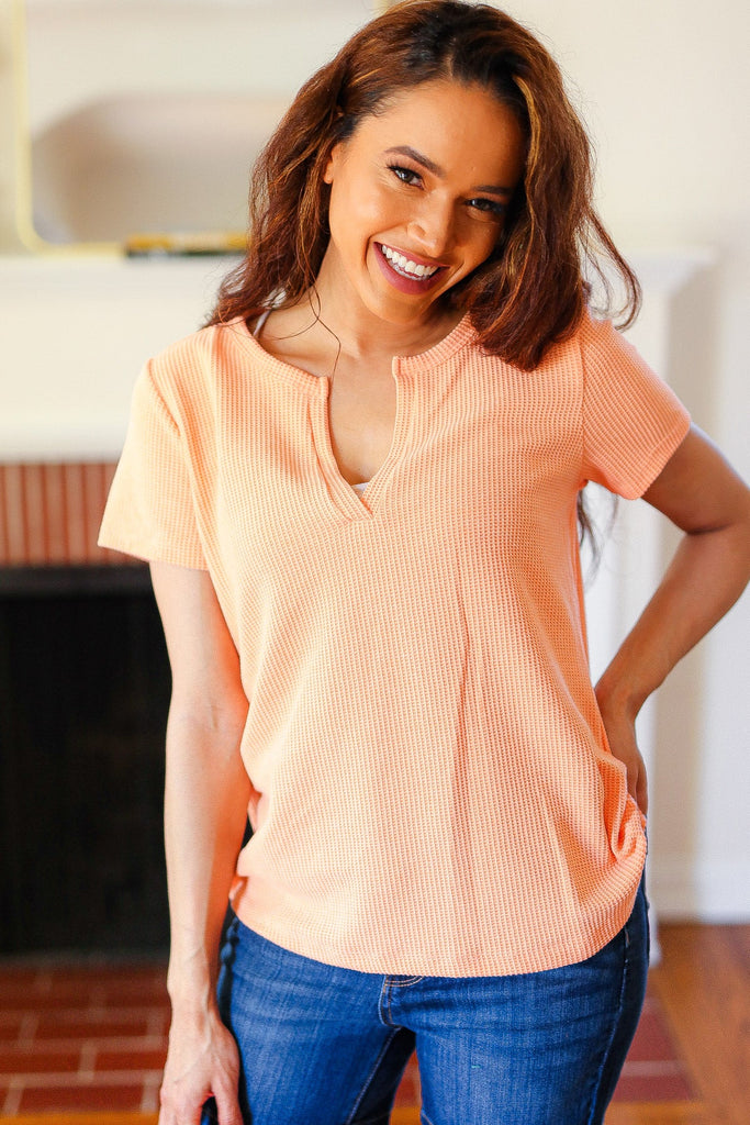 Feel Your Best Orange Baby Waffle Henley Neckline Top-Timber Brooke Boutique, Online Women's Fashion Boutique in Amarillo, Texas