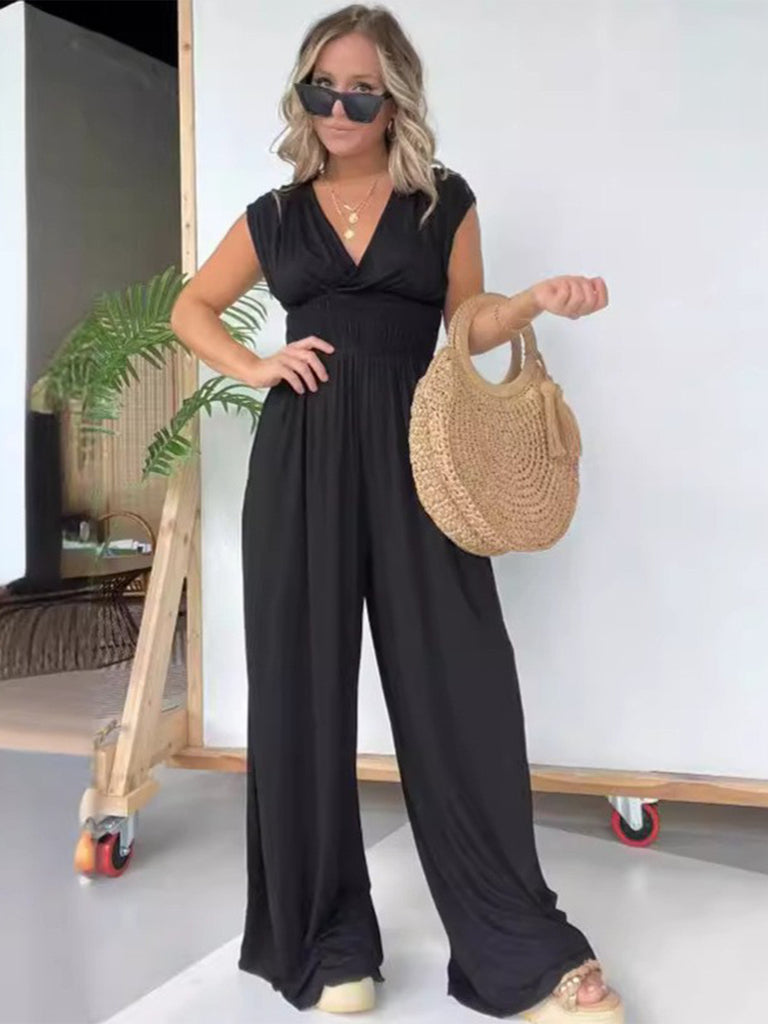 Smocked Cap Sleeve Wide Leg Jumpsuit-Timber Brooke Boutique, Online Women's Fashion Boutique in Amarillo, Texas