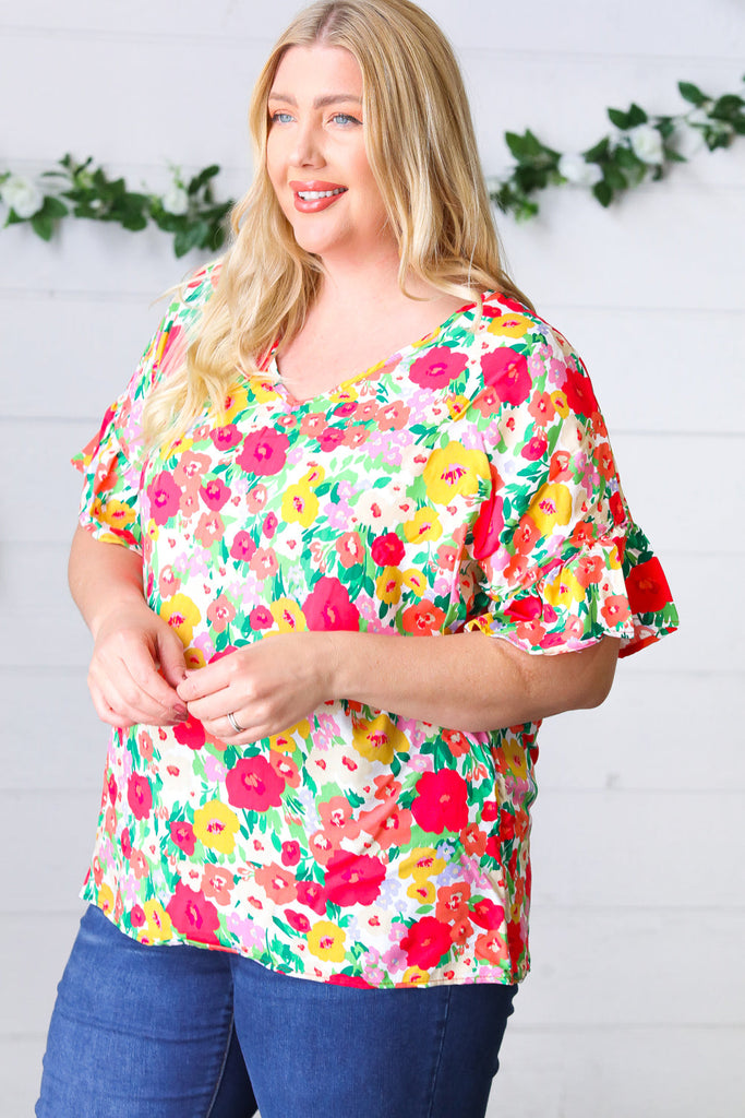 Red Flat Floral Pring Dolman Ruffle Frill Sleeve Blouse-Short Sleeve Top-Timber Brooke Boutique, Online Women's Fashion Boutique in Amarillo, Texas