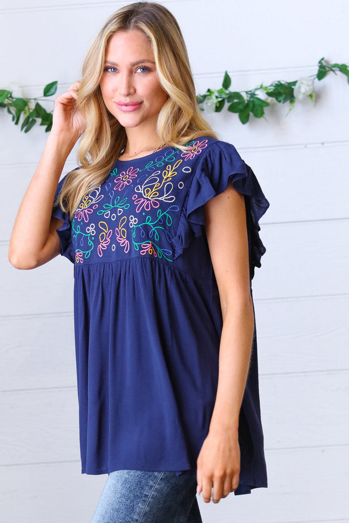 Navy Floral Embroidered Flutter Sleeve Top-Timber Brooke Boutique, Online Women's Fashion Boutique in Amarillo, Texas
