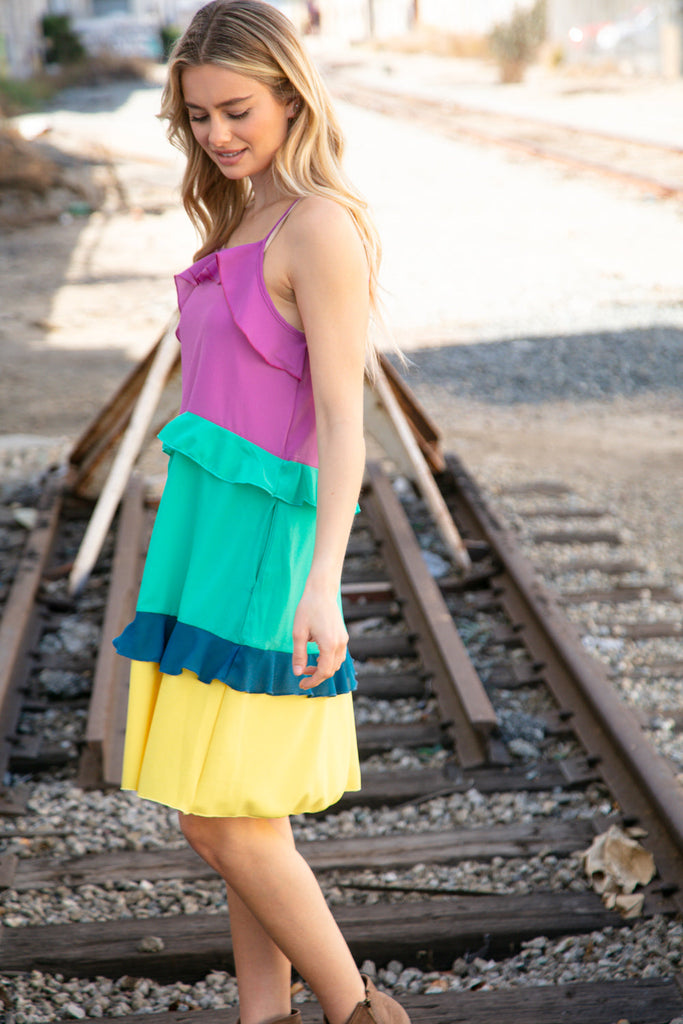 Fuchsia Shoulder Strap Color Block Tiered Ruffle Dress-Dresses-Timber Brooke Boutique, Online Women's Fashion Boutique in Amarillo, Texas