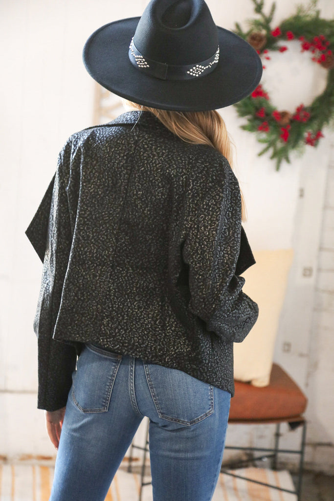 Black Holiday Matte Foiled Cheetah Print Blazer Jacket-Timber Brooke Boutique, Online Women's Fashion Boutique in Amarillo, Texas