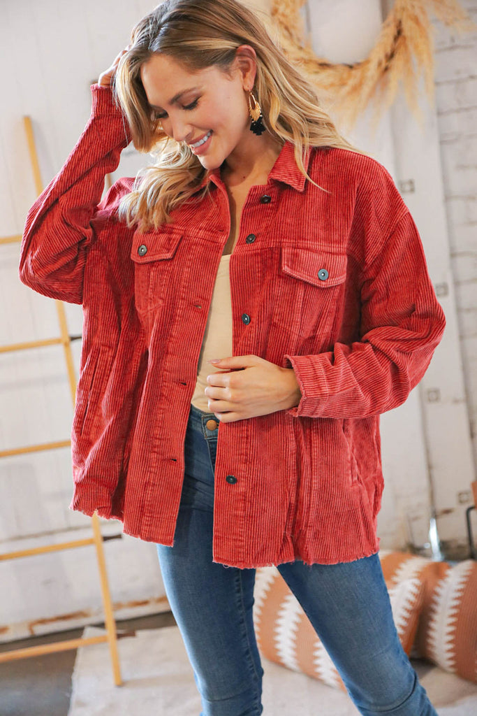 LT Rust Ribbed Cotton Oversized Corduroy Frayed Shacket-Coats and Jackets-Timber Brooke Boutique, Online Women's Fashion Boutique in Amarillo, Texas