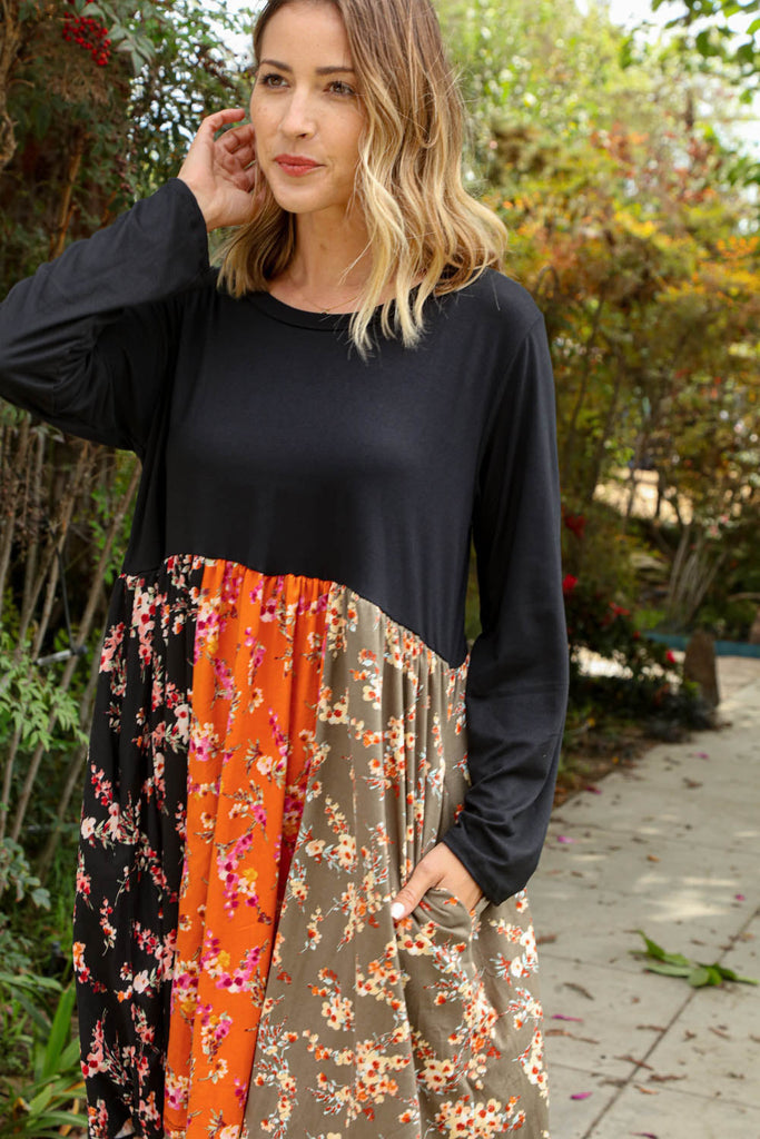 Floral Vertical Color Block Midi Dress-Timber Brooke Boutique, Online Women's Fashion Boutique in Amarillo, Texas