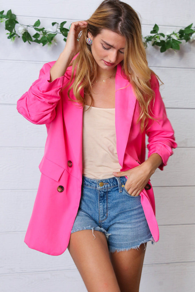 Fuchsia Notched Lapel Ruched Sleeve Blazer-Blazers-Timber Brooke Boutique, Online Women's Fashion Boutique in Amarillo, Texas