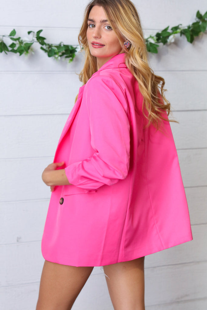 Fuchsia Notched Lapel Ruched Sleeve Blazer-Blazers-Timber Brooke Boutique, Online Women's Fashion Boutique in Amarillo, Texas