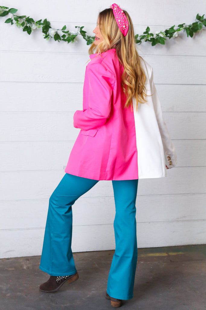 Fuchsia & Cream Silky Half & Half Buttoned Blazer-Blazers-Timber Brooke Boutique, Online Women's Fashion Boutique in Amarillo, Texas
