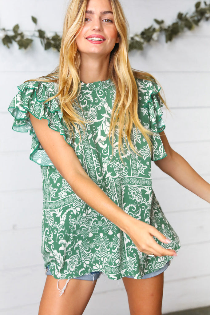Boho Floral Mock Neck Double Flutter Sleeve Woven Top-Short Sleeve Top-Timber Brooke Boutique, Online Women's Fashion Boutique in Amarillo, Texas