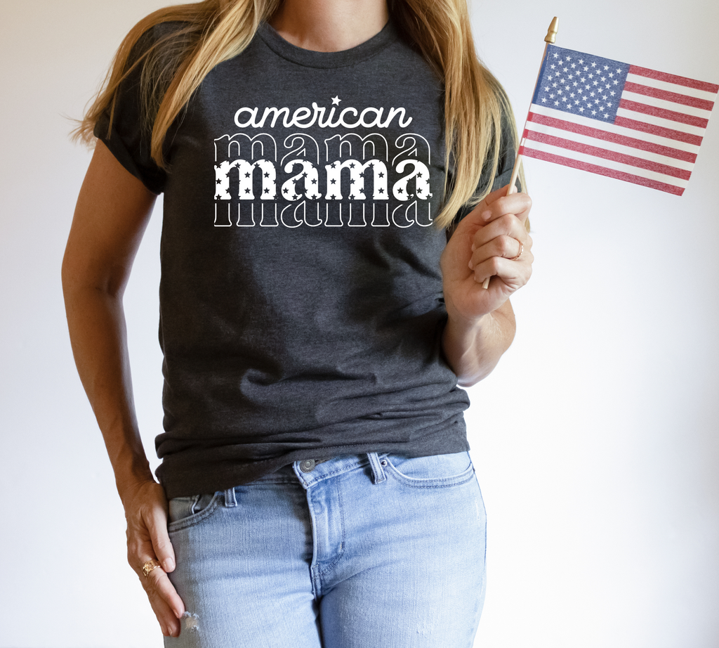 PREORDER: American Mama Graphic Tee in Heather Charcoal-Womens-Timber Brooke Boutique, Online Women's Fashion Boutique in Amarillo, Texas