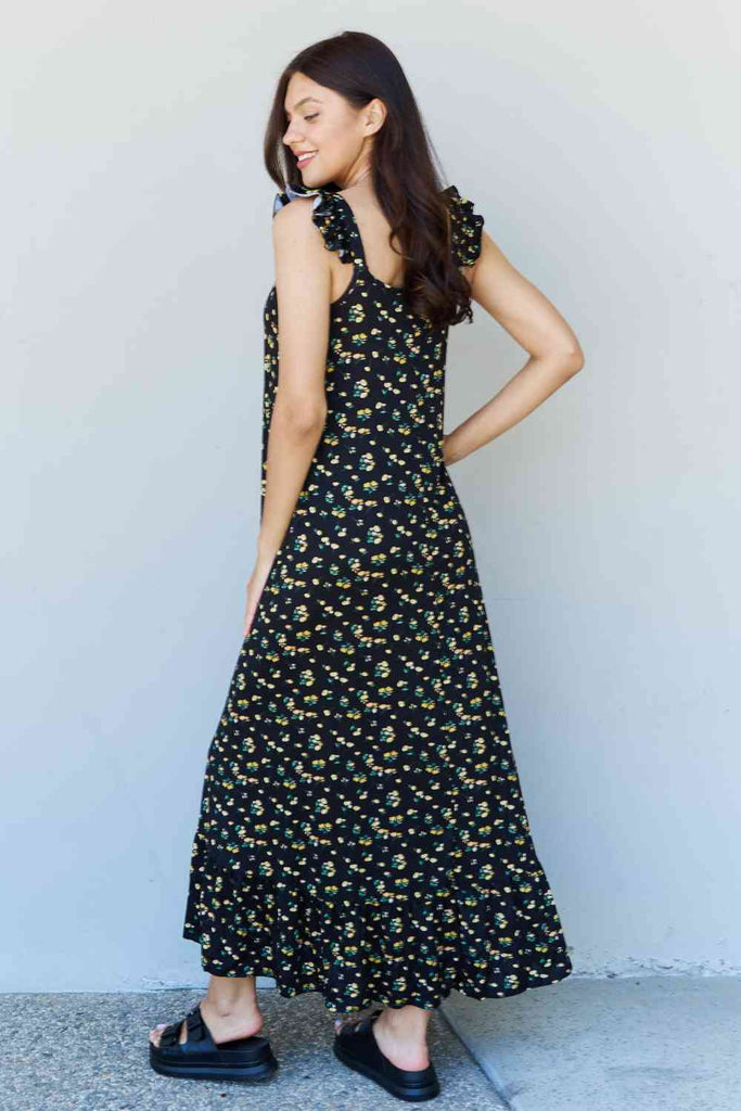 Doublju In The Garden Ruffle Floral Maxi Dress in Black Yellow Floral-Timber Brooke Boutique, Online Women's Fashion Boutique in Amarillo, Texas