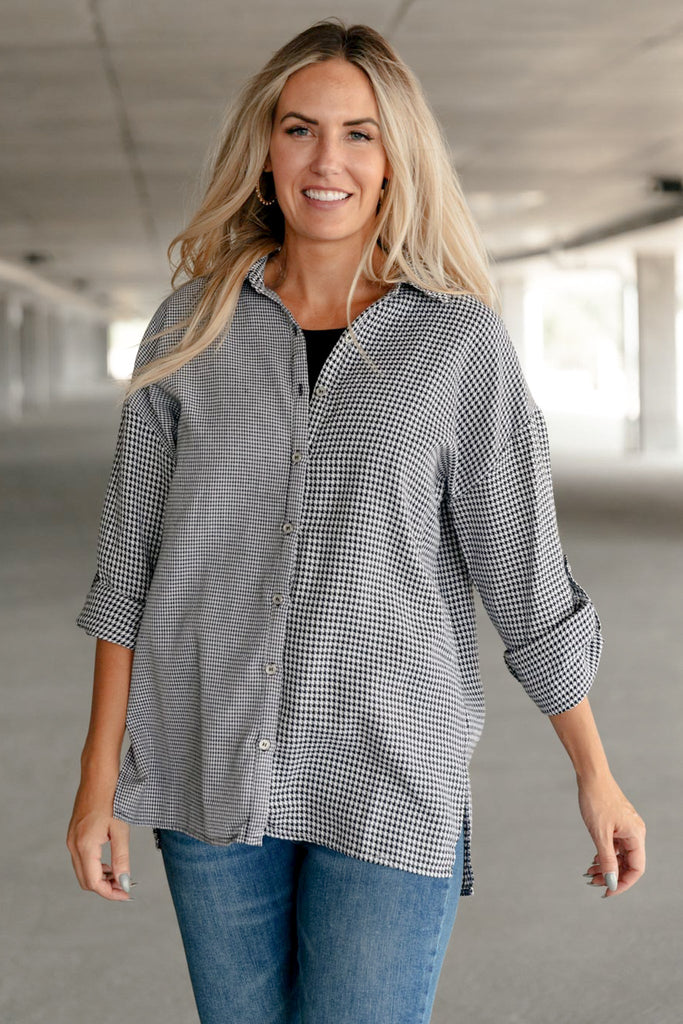 Doorbuster: Mixed Houndstooth Button Up Top-Womens-Timber Brooke Boutique, Online Women's Fashion Boutique in Amarillo, Texas