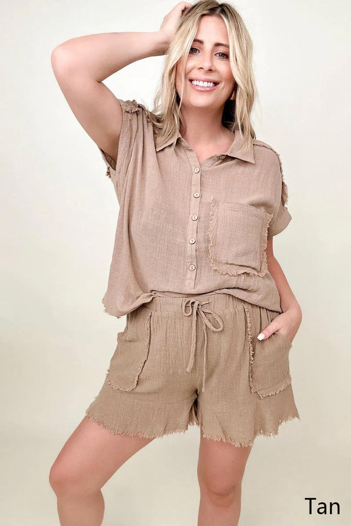 Gigio Flutter Hem Cotton Muslin Shorts with Cut Edge Detail-Shorts-Timber Brooke Boutique, Online Women's Fashion Boutique in Amarillo, Texas