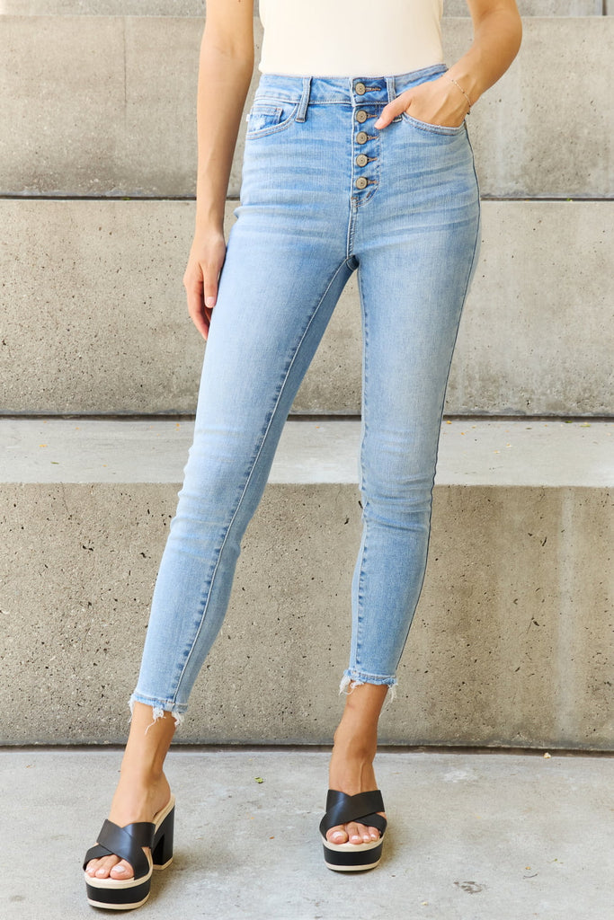 Judy Blue Full Size Button Fly Raw Hem Jeans-Timber Brooke Boutique, Online Women's Fashion Boutique in Amarillo, Texas