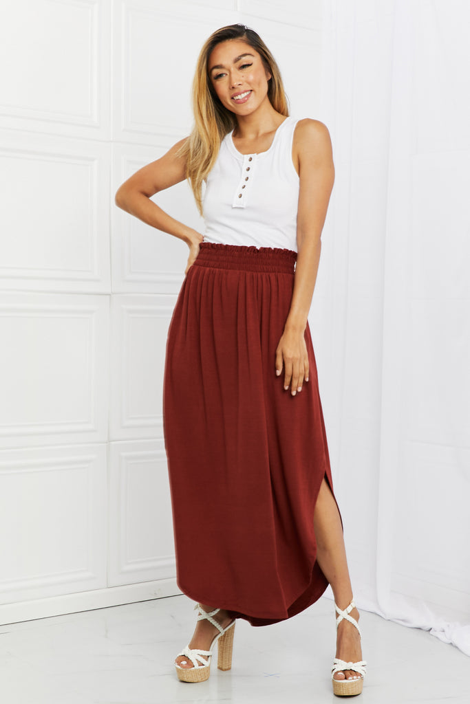 Zenana It's My Time Full Size Side Scoop Scrunch Skirt in Dark Rust-Skirts-Timber Brooke Boutique, Online Women's Fashion Boutique in Amarillo, Texas